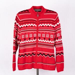 Women's Red Fair Isle Cardigan Sweater SZ XL Winter Holiday Snowflake Christmas